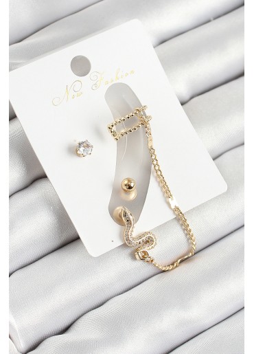 Erb Pirinç Yılan Figürlü Zirkon Taşlı Gold Renk 3\'lü Kıkırdak Kadın Küpe Set