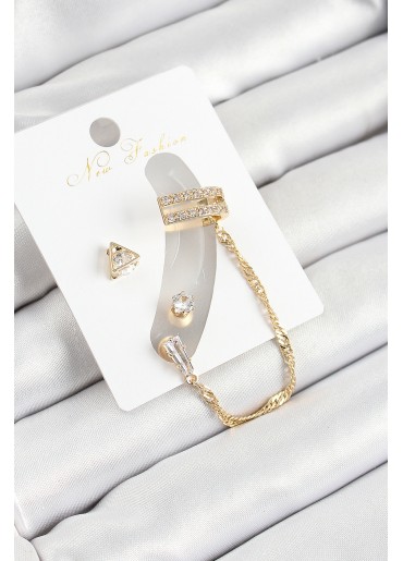 Erb Pirinç Üçgen Figürlü Zirkon Taşlı Gold Renk 3\'lü Kıkırdak Kadın Küpe Set