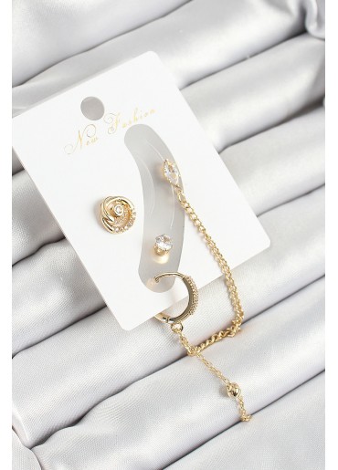 Erb Pirinç Halka Figürlü Zirkon Taşlı Gold Renk 3\'lü Kıkırdak Kadın Küpe Set