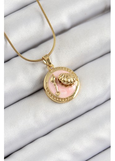 Erb 316L Çelik Zincir Pembe Mineli Sanatsal Portre İstiridye Model Gold Renk Kadın Kolye