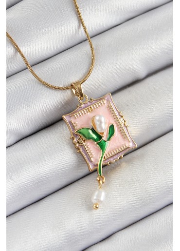 Erb 316L Çelik Zincir Pembe Sanatsal Portre Sallantılı İnci Detaylı Lale Model Gold Renk Kadın Kolye