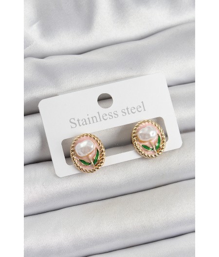 Erb Pirinç Pembe Mineli Lale Figürlü Sanatsal Portre Model Gold Renk Kadın Küpe