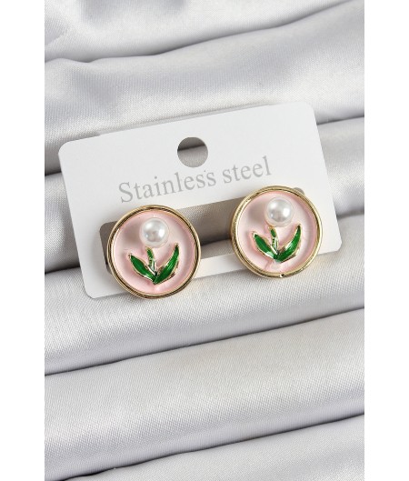 Erb Pirinç Pembe Mineli Lale Figürlü Sanatsal Portre Model Gold Renk Kadın Küpe