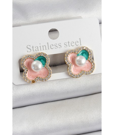 Erb Pirinç Pembe Mineli İnci Detaylı Zirkon Taşlı Sanatsal Portre Yonca Model Gold Renk Kadın Küpe