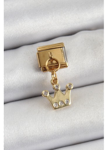 Erb 316L Çelik Sallantılı Zirkon Taşlı Kraliçe Tacı Model Gold Renk Nomination Charm