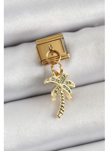 Erb 316L Çelik Sallantılı Zirkon Taşlı Palmiye Ağacı Model Gold Renk Nomination Charm