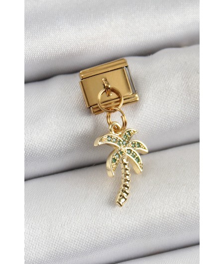 Erb 316L Çelik Sallantılı Zirkon Taşlı Palmiye Ağacı Model Gold Renk Nomination Charm