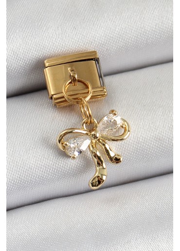 Erb 316L Çelik Sallantılı Zirkon Taşlı Fiyonk Model Gold Renk Nomination Charm