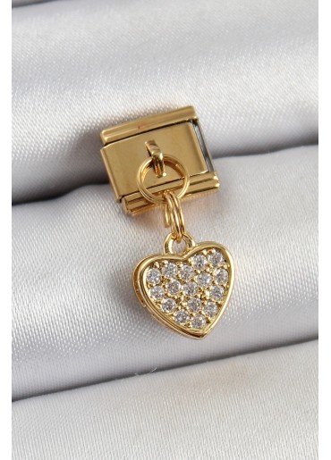 Erb 316L Çelik Sallantılı Zirkon Taşlı Kalp Model Gold Renk Nomination Charm