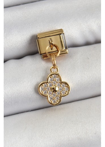 Erb 316L Çelik Sallantılı Zirkon Taşlı Yonca Model Gold Renk Nomination Charm