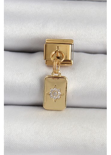 Erb 316L Çelik Sallantılı Zirkon Taşlı Kutup Yıldızı Figürlü Dikdörtgen Model Gold Renk Nomination Charm