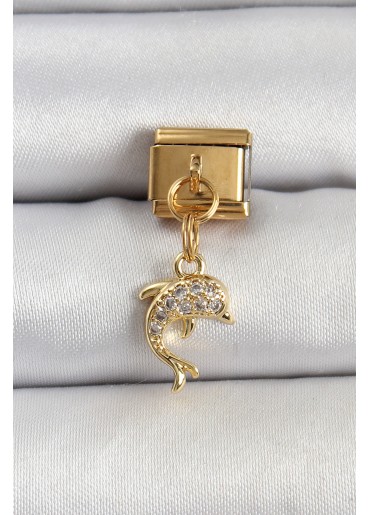 Erb 316L Çelik Sallantılı Zirkon Taşlı Yunus Balığı Model Gold Renk Nomination Charm