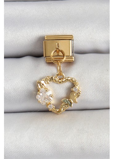 Erb 316L Çelik Sallantılı Zirkon Taşlı Kalp Model Gold Renk Nomination Charm