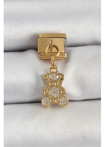 Erb 316L Çelik Sallantılı Zirkon Taşlı Ayıcık Model Gold Renk Nomination Charm