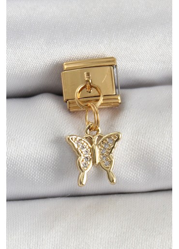 Erb 316L Çelik Sallantılı Zirkon Taşlı Kelebek Model Gold Renk Nomination Charm