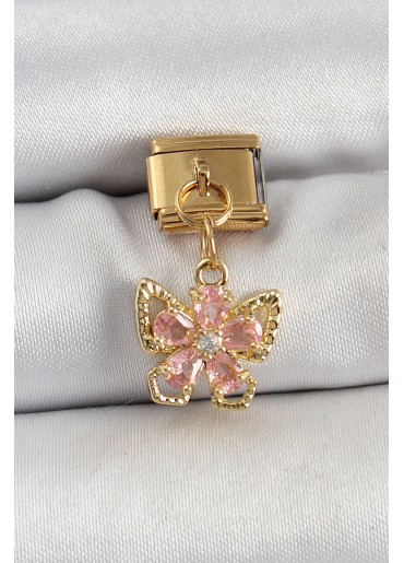 Erb 316L Çelik Sallantılı Zirkon Taşlı Çiçek Figürlü Kelebek Model Gold Renk Nomination Charm