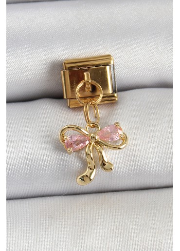 Erb 316L Çelik Sallantılı Zirkon Taşlı Fiyonk Model Gold Renk Nomination Charm
