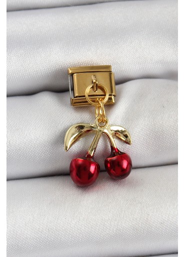 Erb 316L Çelik Sallantılı Kırmızı Kiraz Model Gold Renk Nomination Charm