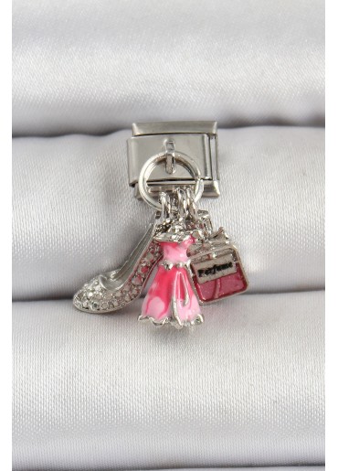 Erb 316L Çelik Gümüş Renk Pembe Elbise Kombini Model Nomination Charm