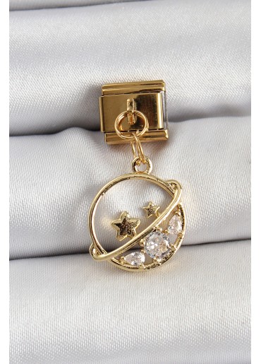 Erb 316L Çelik Sallantılı Zirkon Taşlı Satürn Model Gold Renk Nomination Charm