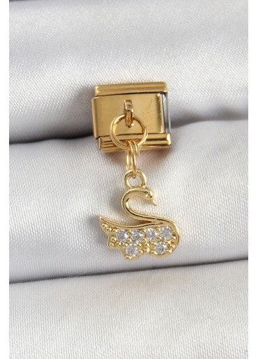 Erb 316L Çelik Sallantılı Zirkon Taşlı KuğuModel Gold Renk Nomination Charm