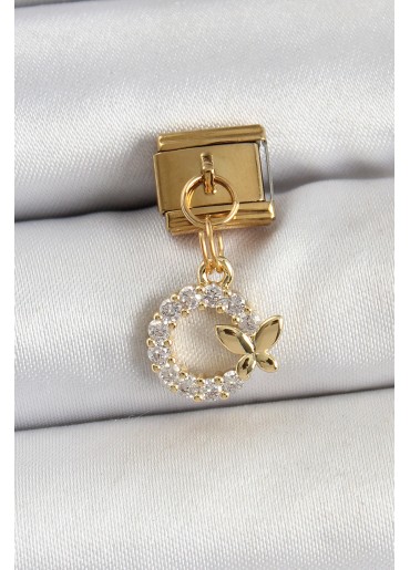Erb 316L Çelik Sallantılı Zirkon Taşlı Kelebek Detaylı Halka Model Gold Renk Nomination Charm