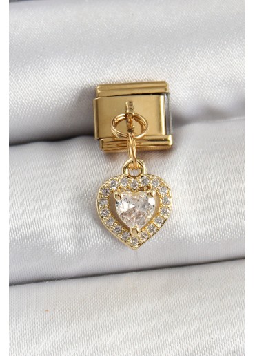 Erb 316L Çelik Sallantılı Zirkon Taşlı Kalp Model Gold Renk Nomination Charm