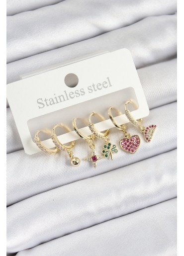 Erb Pirinç Zirkon Taşlı Karpuz Yonca Kalp Pusula Karışık Model Gold Renk 6\'lı Set Kadın Küpe