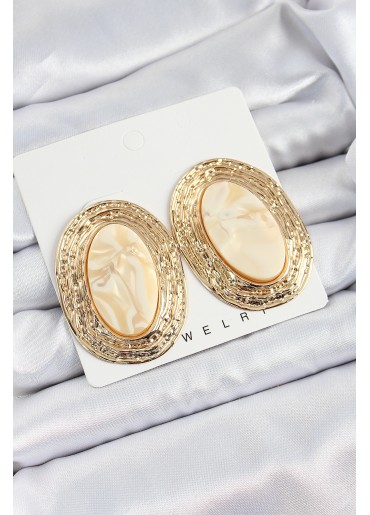 Erb Pirinç Mermer Desenlli Bej Sedef Oval Vintage Model Gold Renk Kadın Küpe