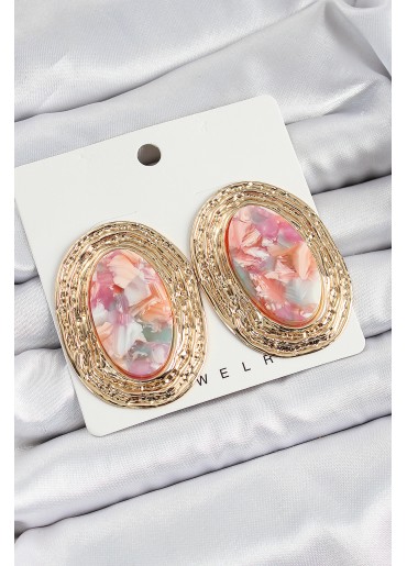 Erb Pirinç Mermer Desenlli Pembe Sedef Oval Vintage Model Gold Renk Kadın Küpe