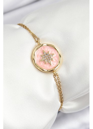 Erb 316L Çelik Zincir Pembe Mineli Sanatsal Portre Kuzey Yıldızı Model Gold Renk Kadın Bileklik