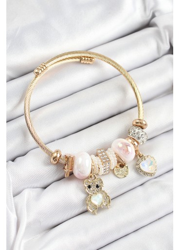 Erb 316L Çelik Beyaz Zirkon Taşlı Ayıcık Ve Kalp Model Gold Renk Charm Bileklik