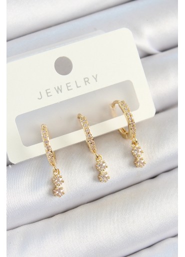 Erb Pirinç Zirkon Taşlı Sallantılı Yıldız Model Gold Renk 3\'lü Çift Kadın Küpe Set