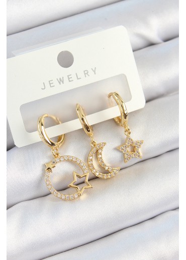 Erb Pirinç Zirkon Taşlı Yıldız Ve Ay Model Gold Renk 3\'lü Çift Kadın Küpe Set