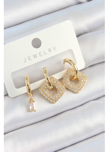 Erb Pirinç Zirkon Taşlı Kare Model Gold Renk 3\'lü Çift Kadın Küpe Set