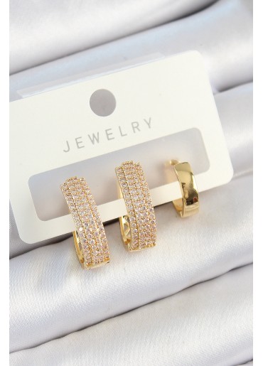 Erb Pirinç Zirkon Taşlı Damla Model Gold Renk 3\'lü Çift Kadın Küpe Set