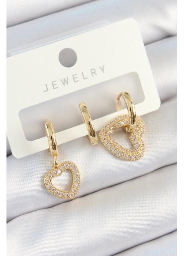 Erb Pirinç Zirkon Taşlı Kalp Model Gold Renk 3\'lü Çift Kadın Küpe Set