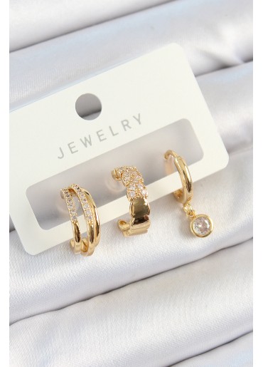 Erb Pirinç Zirkon Taşlı Halka Model Gold Renk 3\'lü Çift Kadın Küpe Set