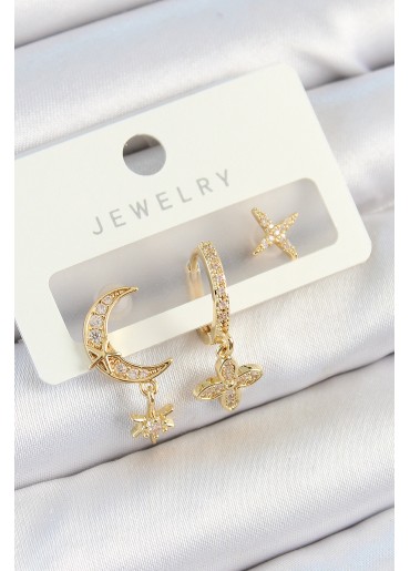Erb Pirinç Zirkon Taşlı Çiçek Ve Ay Model Gold Renk 3\'lü Çift Kadın Küpe Set