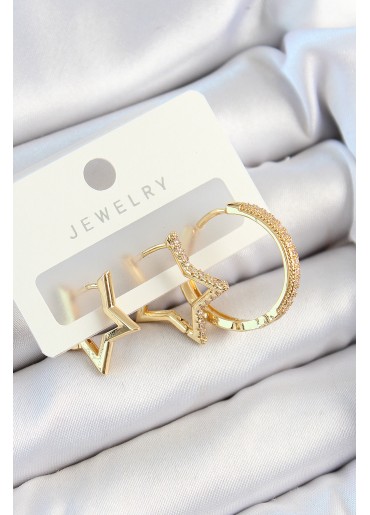 Erb Pirinç Zirkon Taşlı Yıldız Ve Halka Model Gold Renk 3\'lü Çift Kadın Küpe Set
