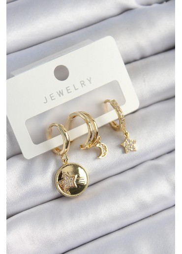 Erb Pirinç Zirkon Taşlı Yıldız Ve Ay Model Gold Renk 3\'lü Çift Kadın Küpe Set