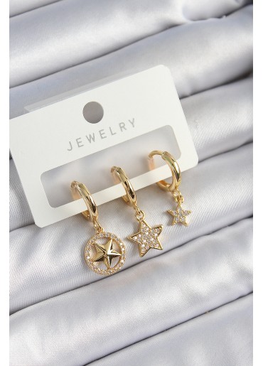 Erb Pirinç Zirkon Taşlı Yıldız Model Gold Renk 3\'lü Çift Kadın Küpe Set