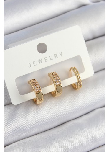 Erb Pirinç Zirkon Taşlı Halka Model Gold Renk 3\'lü Çift Kadın Küpe Set
