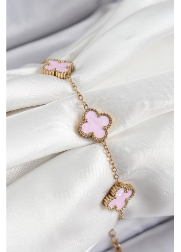 Erb 316L Çelik Pembe Sedef Yonca Model Gold Renk Kadın Bileklik