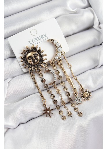 Erb Pirinç Zirkon Taşlı Güneş Ve Ay Figürlü Eskitme Model Sallantılı Küpe