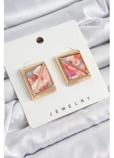 Erb Pirinç Pembe Üçgen Kesim Detaylı Kare Model Vintage Gold Renk Kadın Küpe