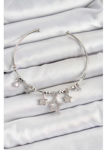 Erb Pirinç Zirkon Taşlı Yıldız Model Gümüş Renk Charm Bileklik