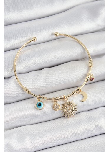 Erb Pirinç Zirkon Taşlı Güneş Ay Nazar Model Gold Renk Charm Bileklik
