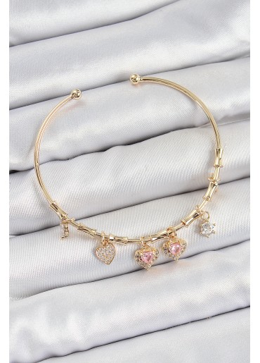 Erb Pirinç Zirkon Taşlı Pembe Kalp Model Gold Renk Charm Bileklik