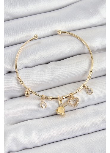 Erb Pirinç Zirkon Taşlı Tavşan Ve Kalp Model Gold Renk Charm Bileklik